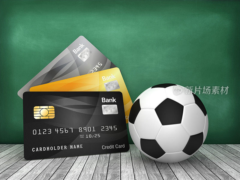 与足球在黑板上的信用卡- 3D渲染